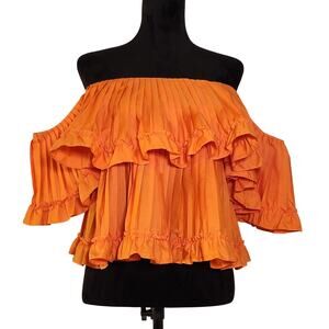 STRUT & BOLT Orange Pleated Ruffle Off The Shoulder Top, Size Large
